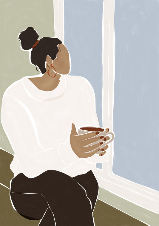 Woman Enjoying a Cup of Tea Art Print Poster och Canvastavla