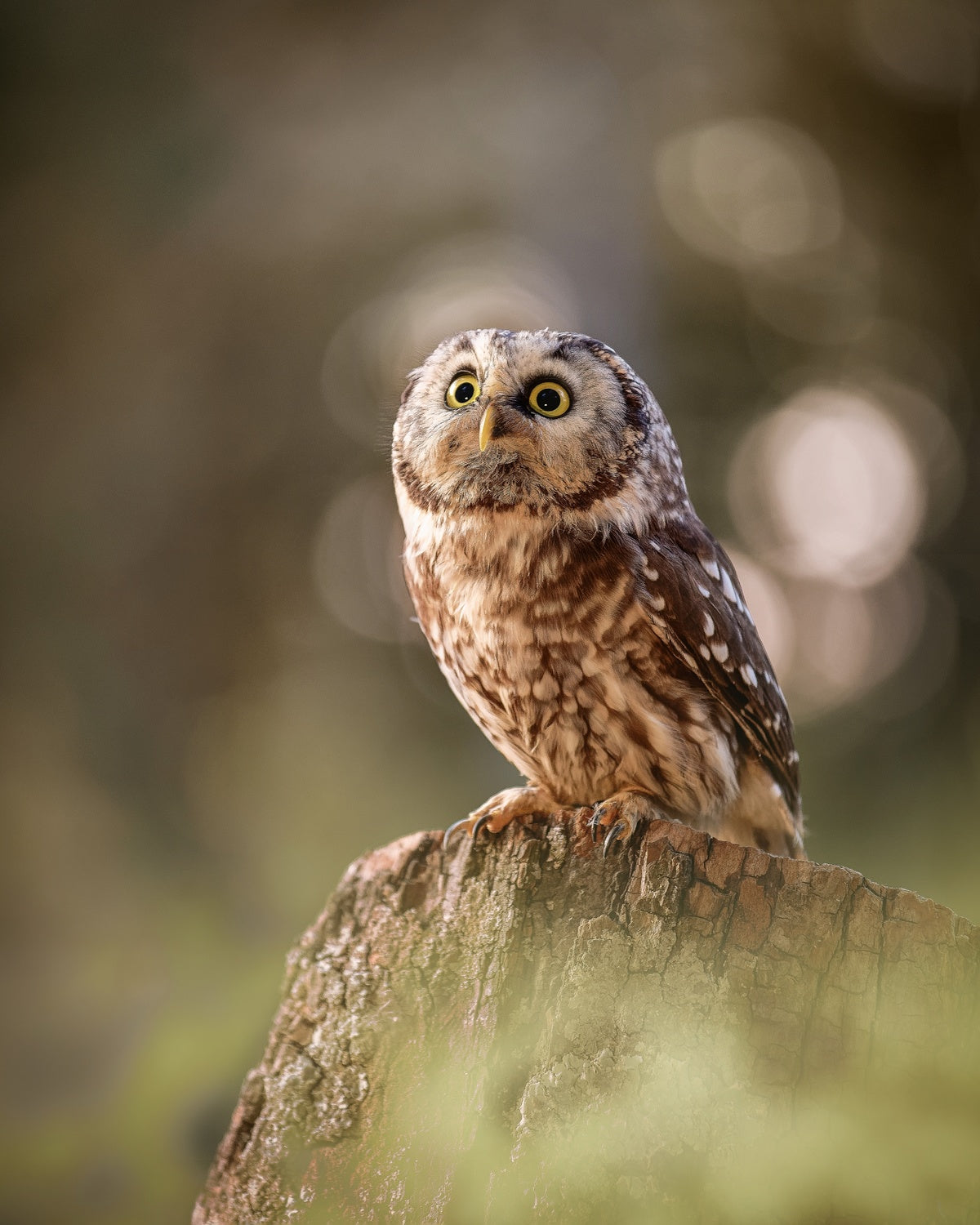 Boreal owl at sunrise Poster och Canvastavla
