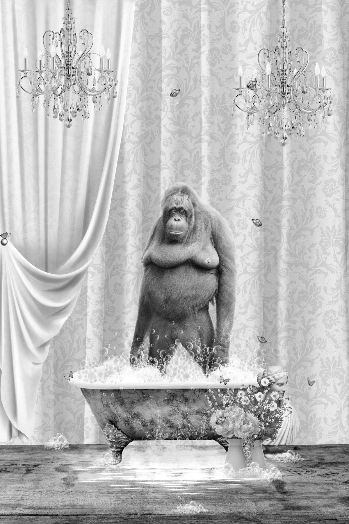 Orangutan &amp; Bubbles Black &amp; White Poster och Canvastavla