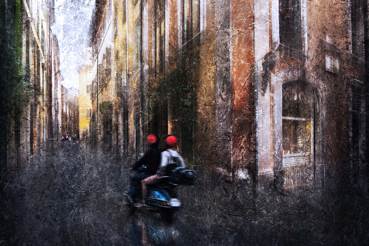 Tourists on a Vespa in the alleys of Rome Poster och Canvastavla