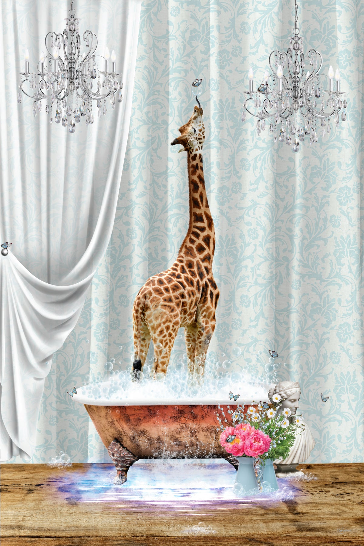 Giraffe &amp; Bubbles Poster och Canvastavla