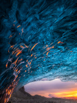 Flames Dancing in the Ice, blue ice cave in Iceland. Poster och Canvastavla