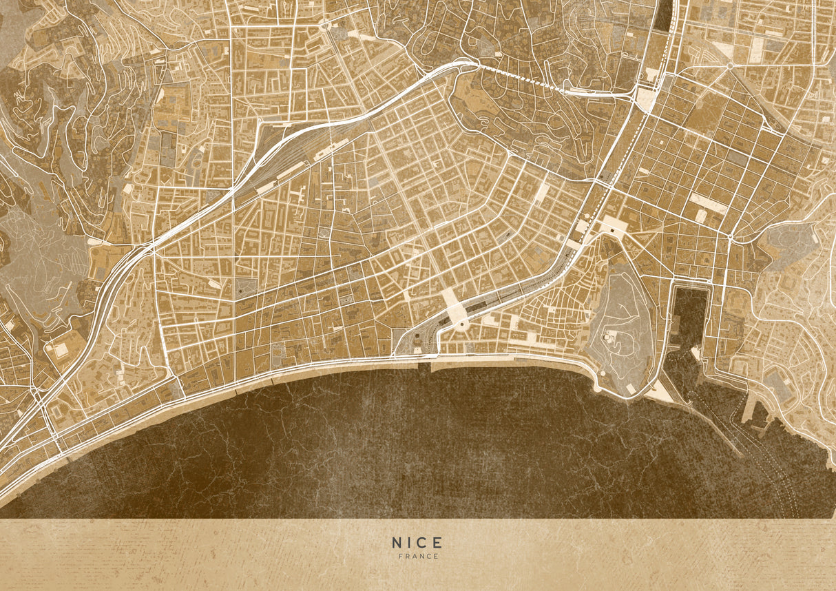 Sepia vintage map of Nice downtown France Poster och Canvastavla