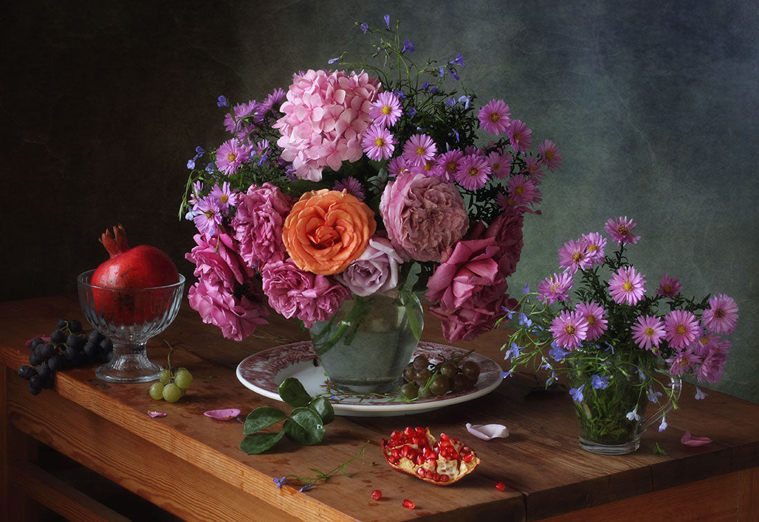 Still life with flowers and fruits Poster och Canvastavla