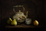 Still life with pears and a kettle. Vintage. Poster och Canvastavla