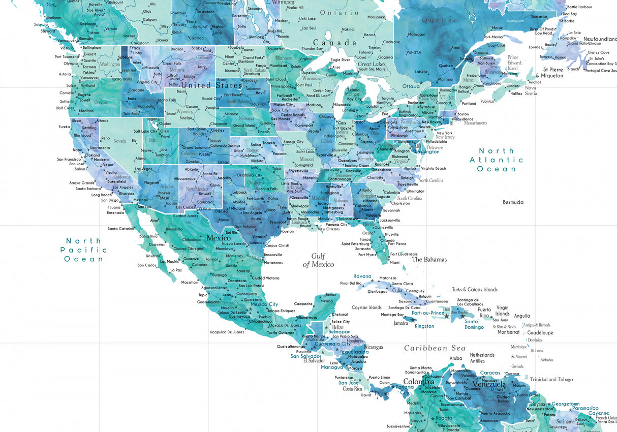 Aqua map of the United States and the Caribbean sea Poster och Canvastavla