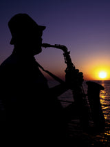 a musician playing the saxophone at sunset Poster och Canvastavla
