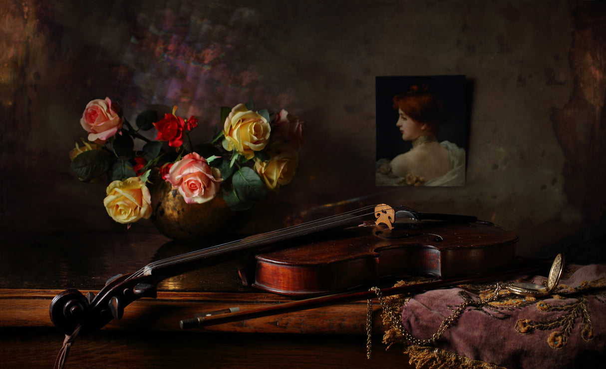 Still life with violin and flowers Poster och Canvastavla