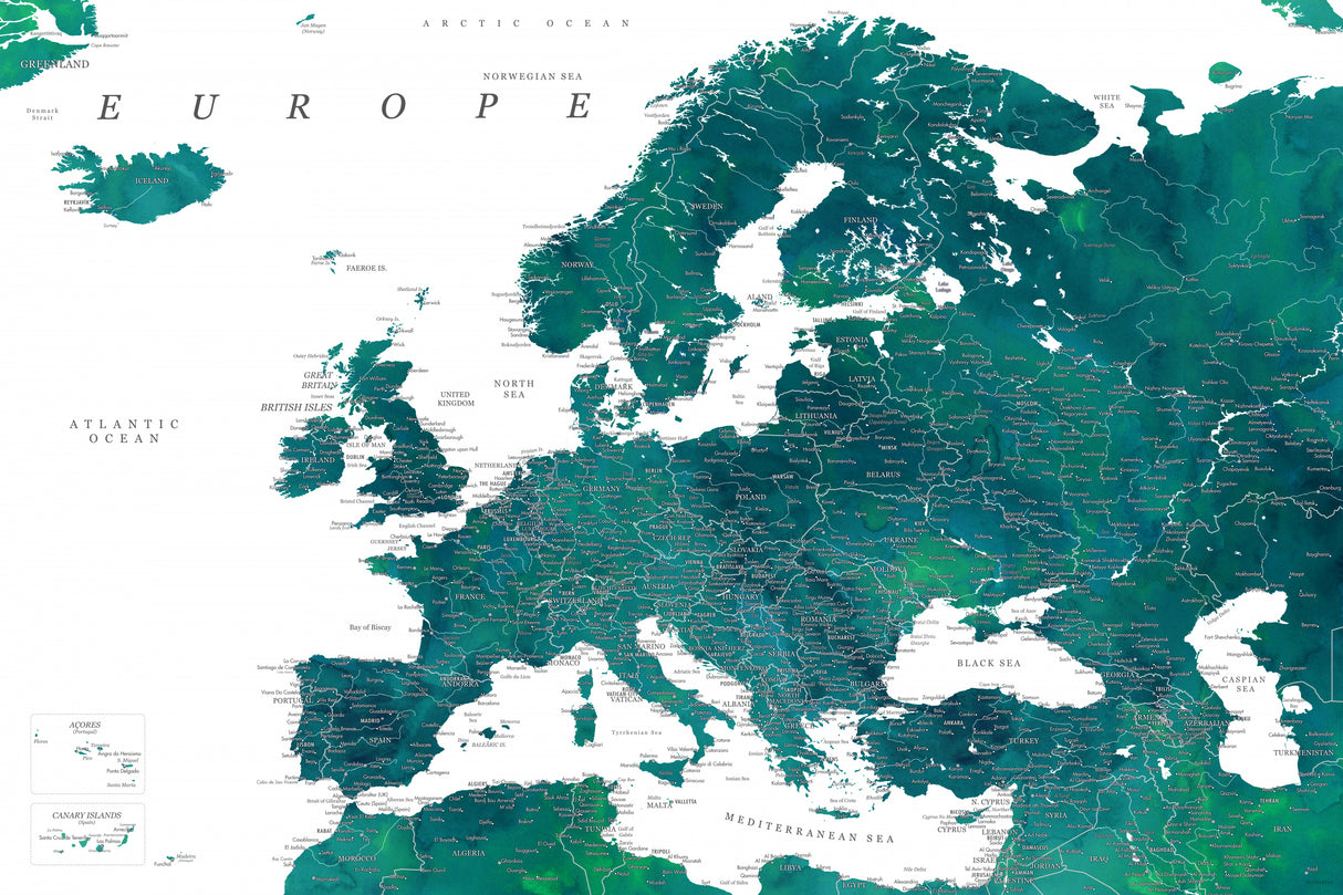 Teal detailed map of Europe Poster och Canvastavla