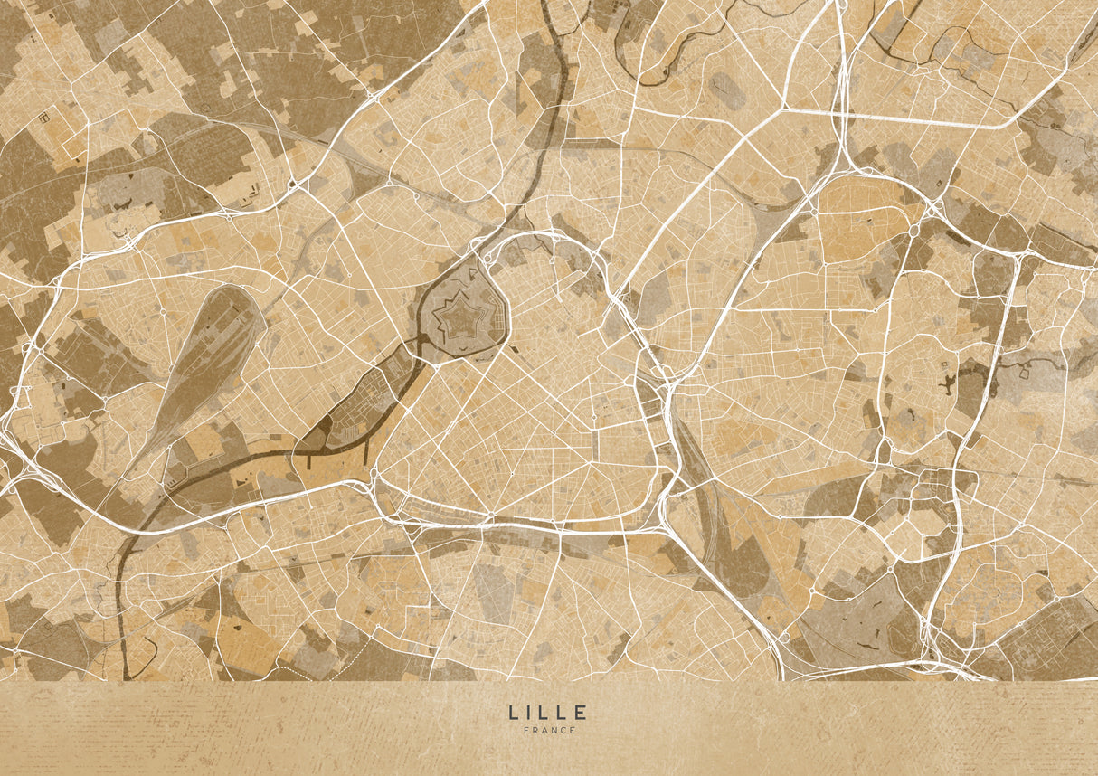 Sepia vintage map of Lille France Poster och Canvastavla