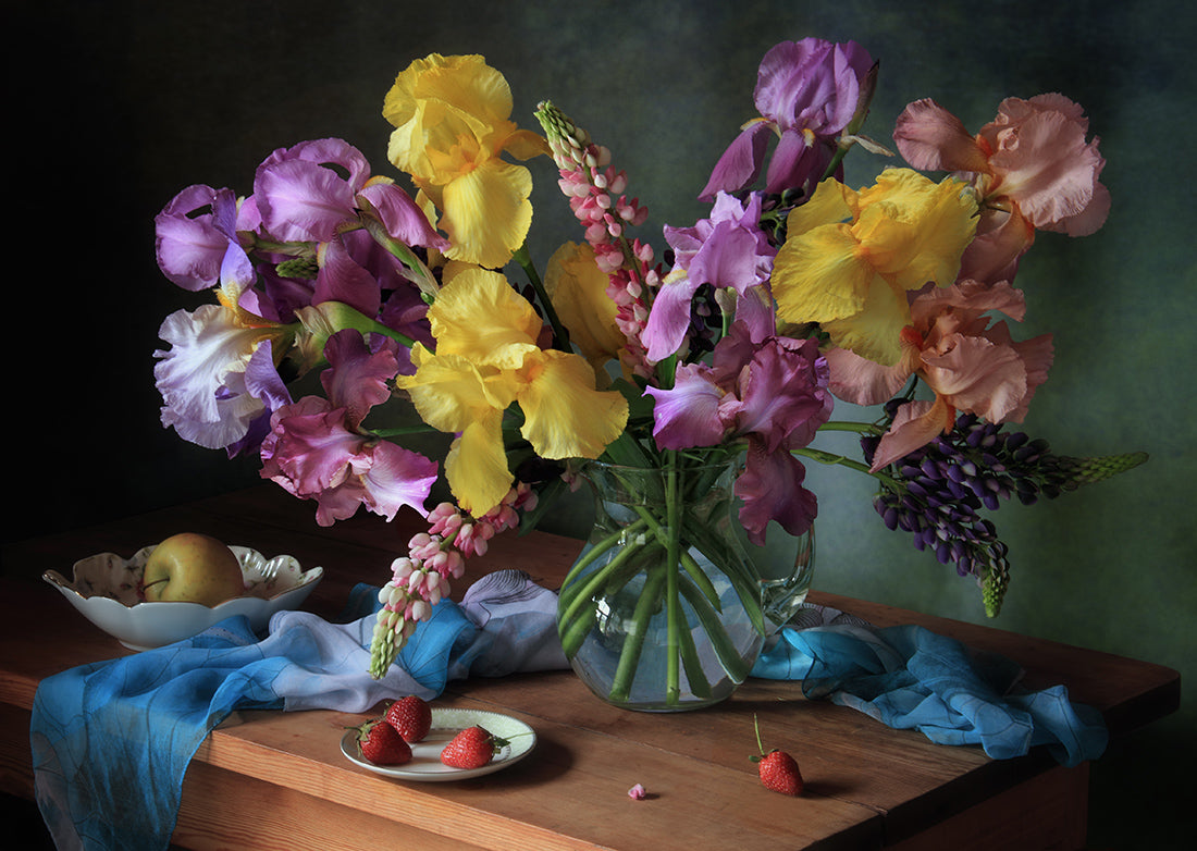 Still life with a bouquet of irises and lupine Poster och Canvastavla
