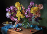 Still life with a bouquet of irises and lupine Poster och Canvastavla