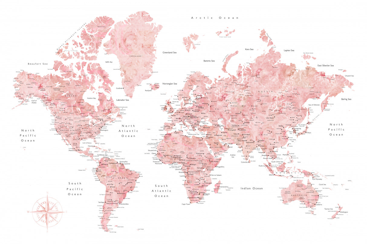 Pink watercolor world map with cities, Alheli Poster och Canvastavla