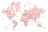 Pink watercolor world map with cities, Alheli Poster och Canvastavla