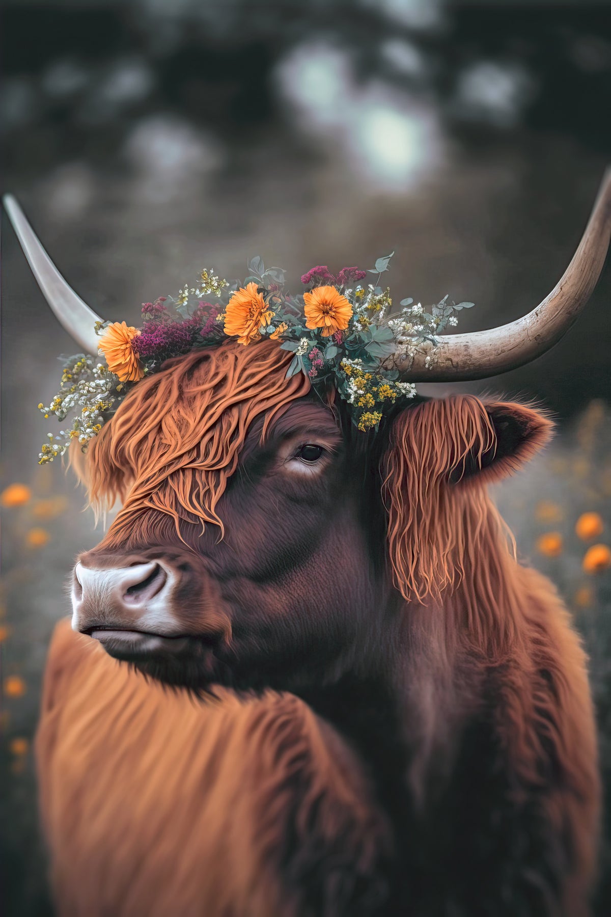 Highland Cow With Flowers Poster och Canvastavla