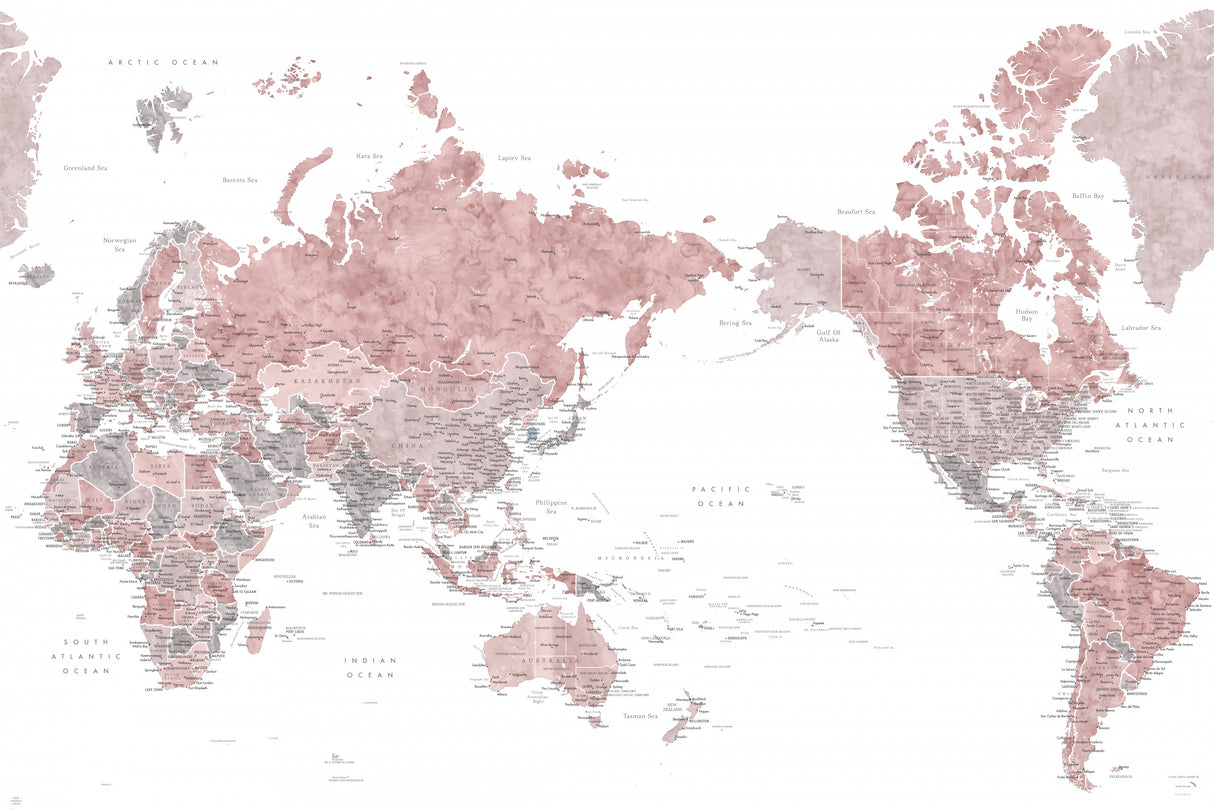 Pacific centered world map in dusty pink Poster och Canvastavla