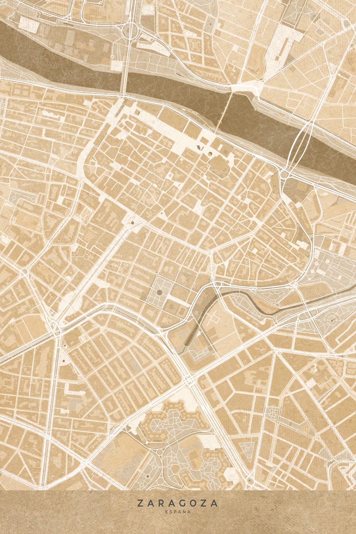 Map of Zaragoza downtown (Spain) in sepia vintage style Poster och Canvastavla