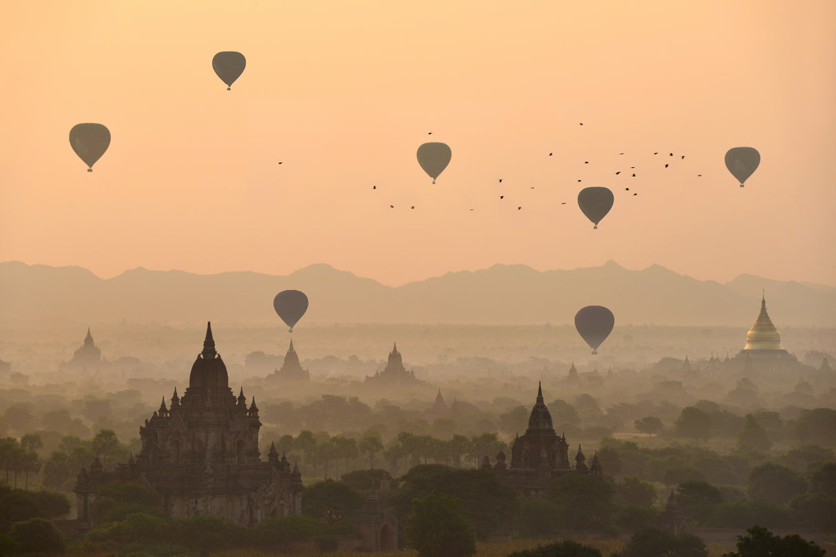 Bagan, balloons flying over ancient temples Poster och Canvastavla