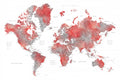 Red world map with cities, Lyssah Poster och Canvastavla