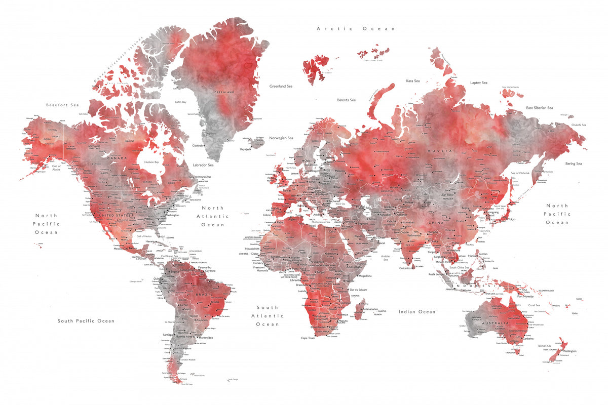 Red world map with cities, Lyssah Poster och Canvastavla