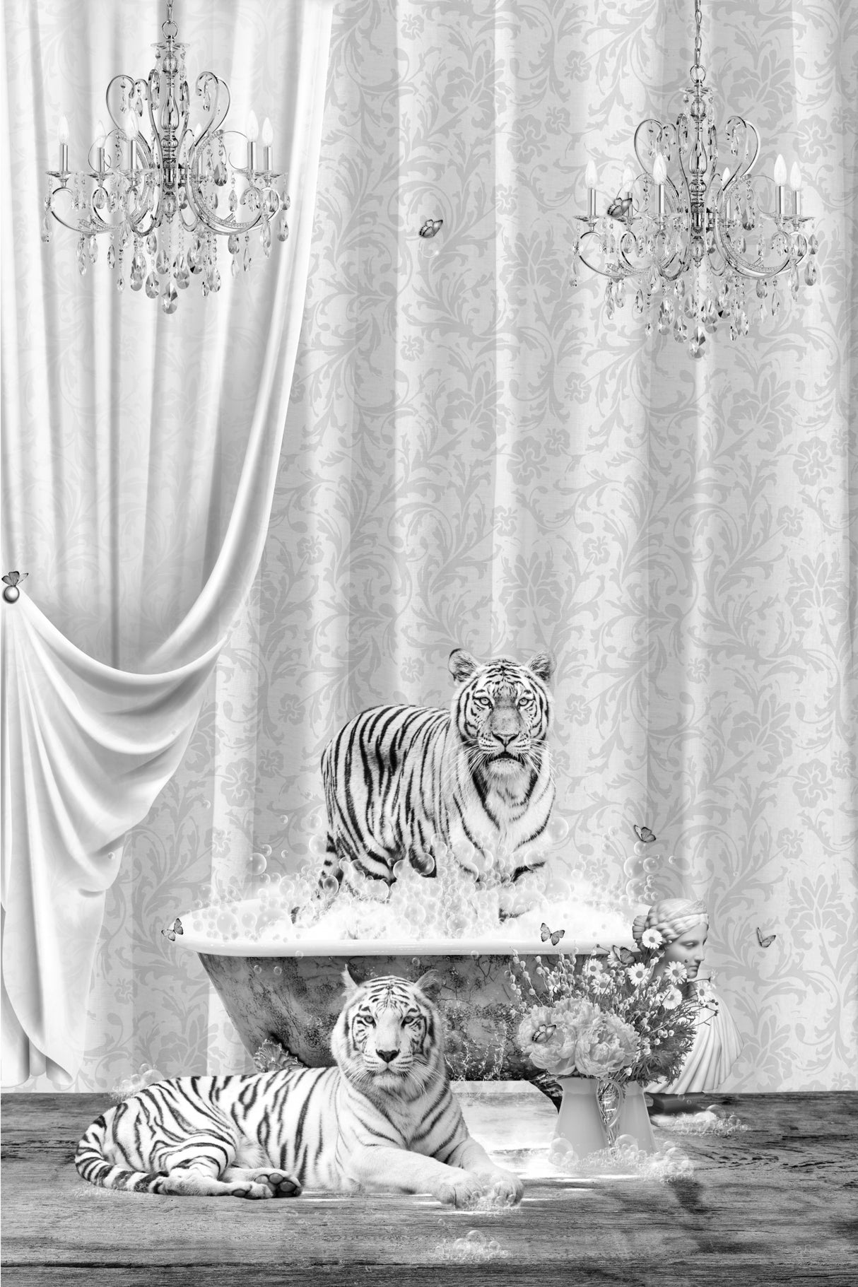 White Tigers &amp; Bubbles Black &amp; White Poster och Canvastavla