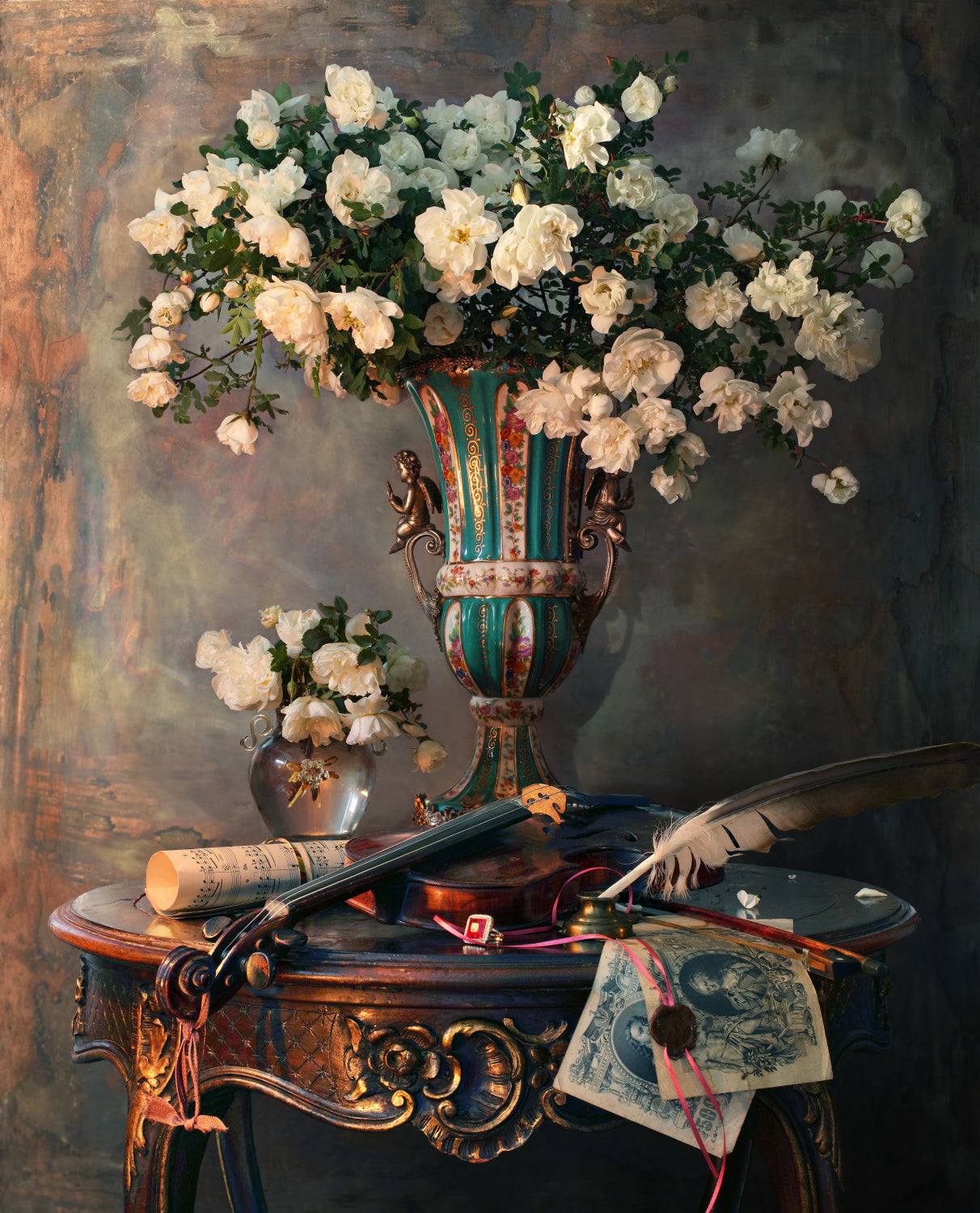 Still life with violin and flowers Poster och Canvastavla