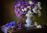Still life with a bouquet of chrysanthemums and grapes Poster och Canvastavla