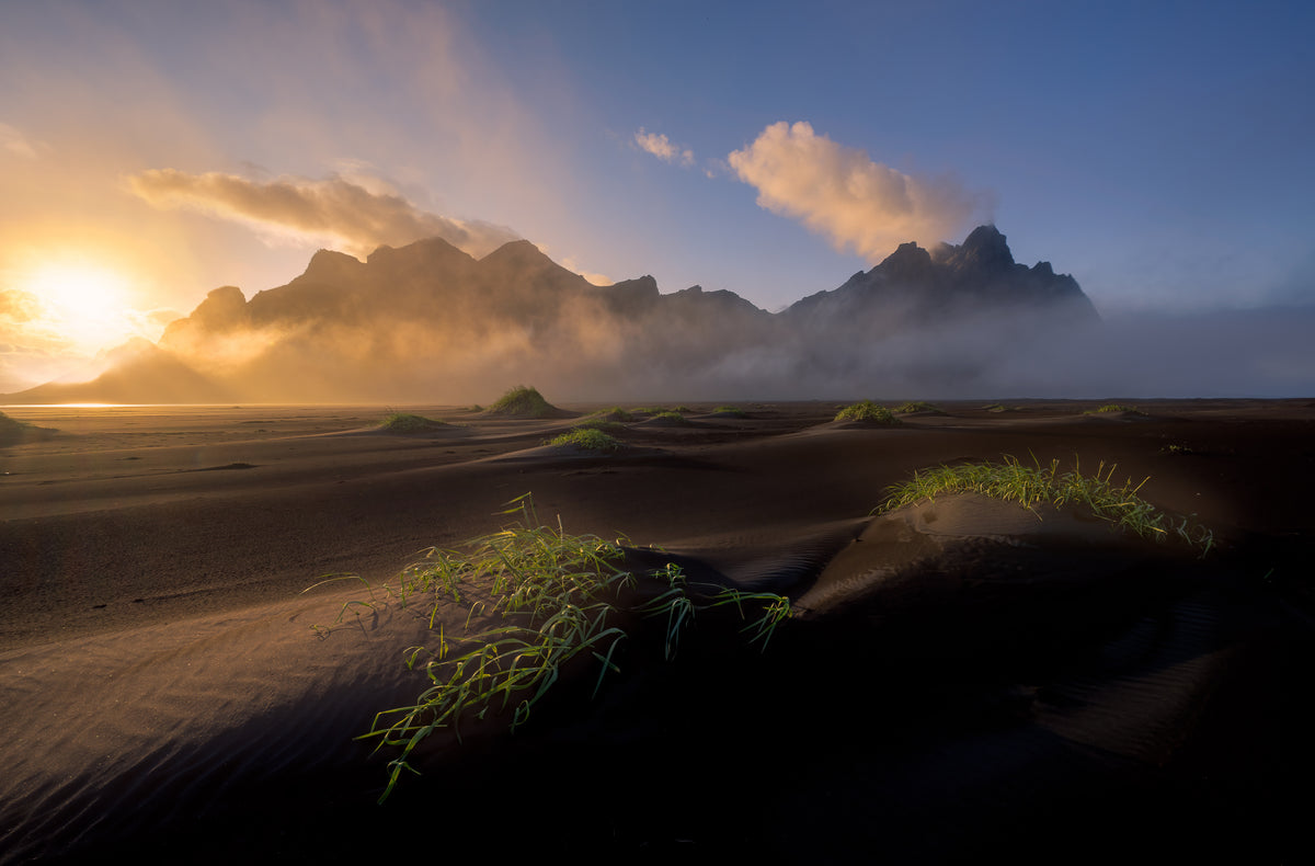 Vestrahorn shrouded in mist and clouds Poster och Canvastavla