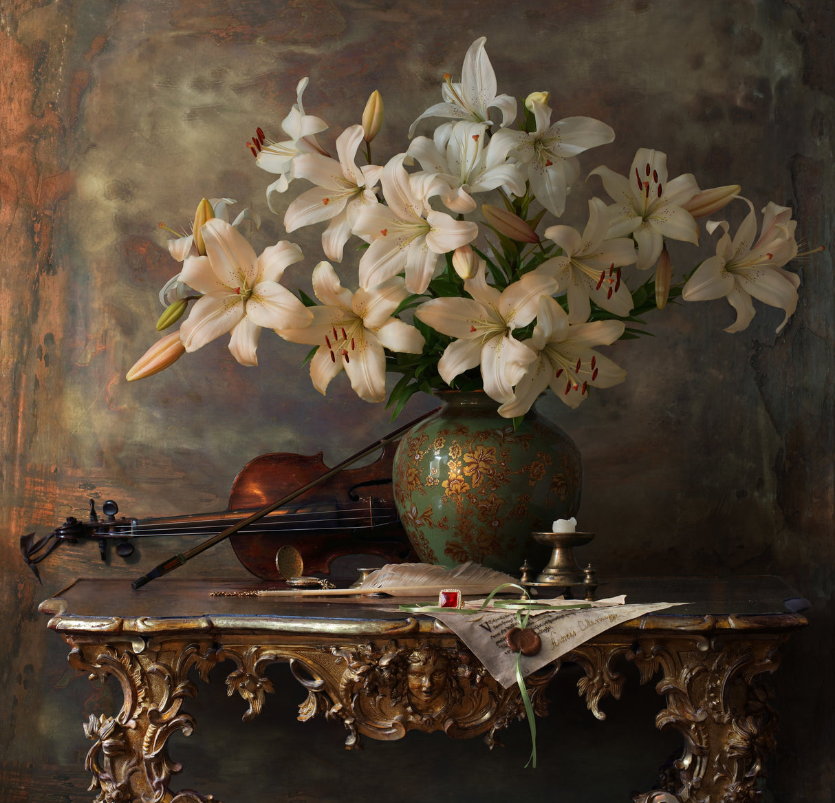 Still life with violin and flowers Poster och Canvastavla