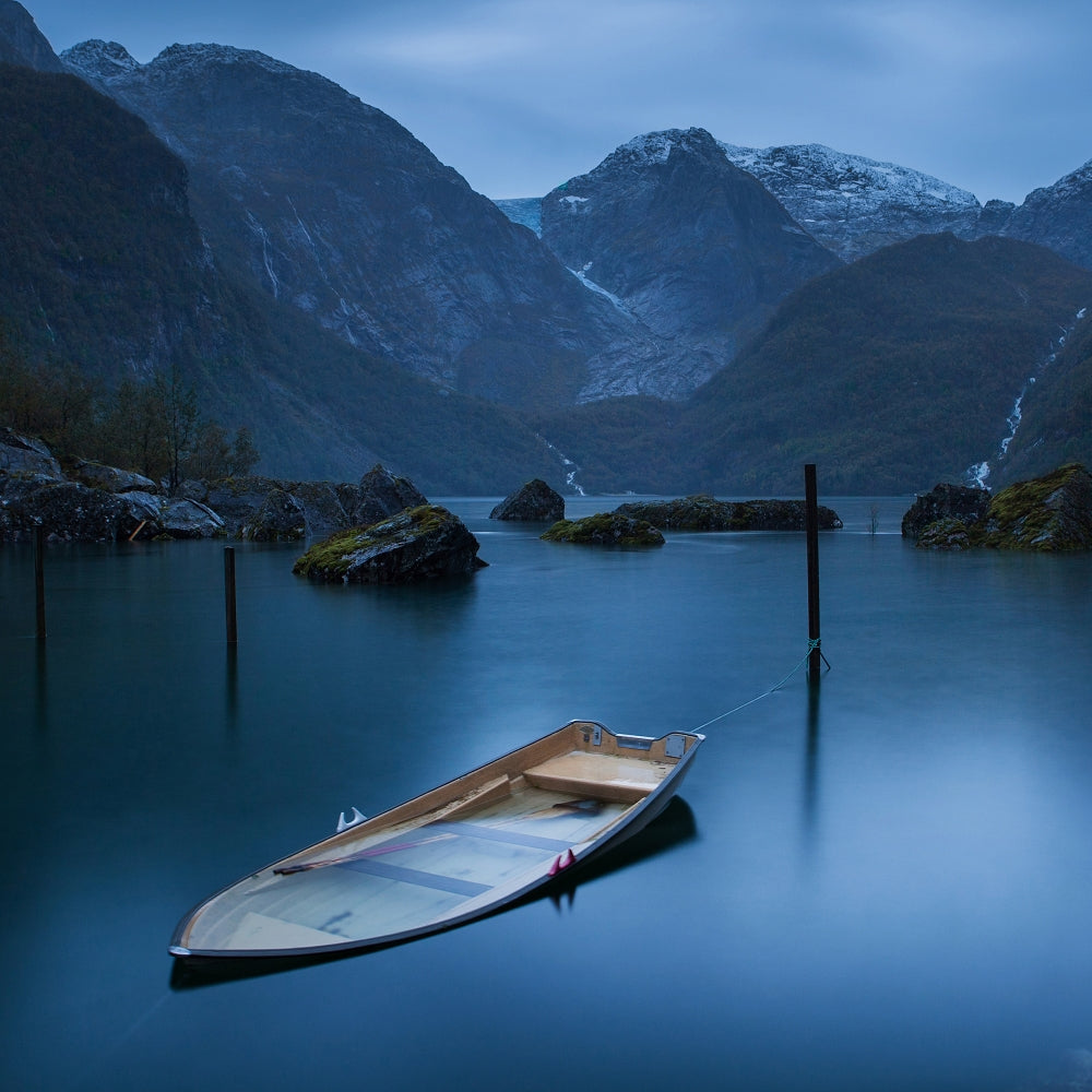 Twilight on the lake at the glacier Folgefonna Poster och Canvastavla