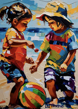 Boy and Girl Playing On the Beach Poster och Canvastavla