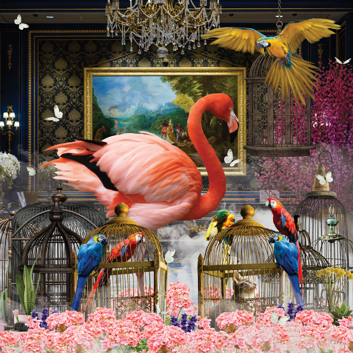 Flamingo Blue &amp; Parrots Poster och Canvastavla