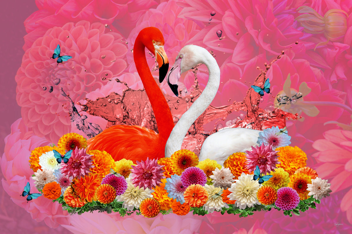 Flamingo &amp; Dahlias Spring Poster och Canvastavla