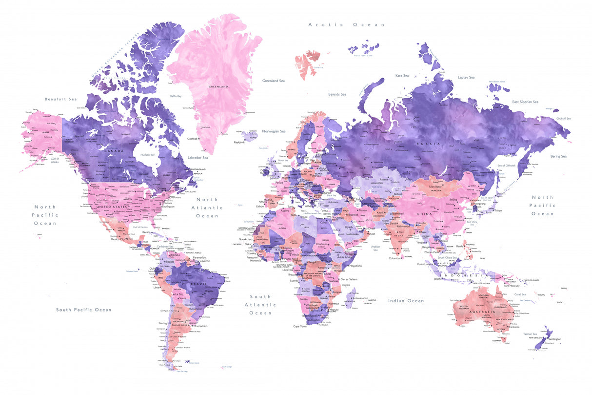 Watercolor world map with cities, Brandie Poster och Canvastavla