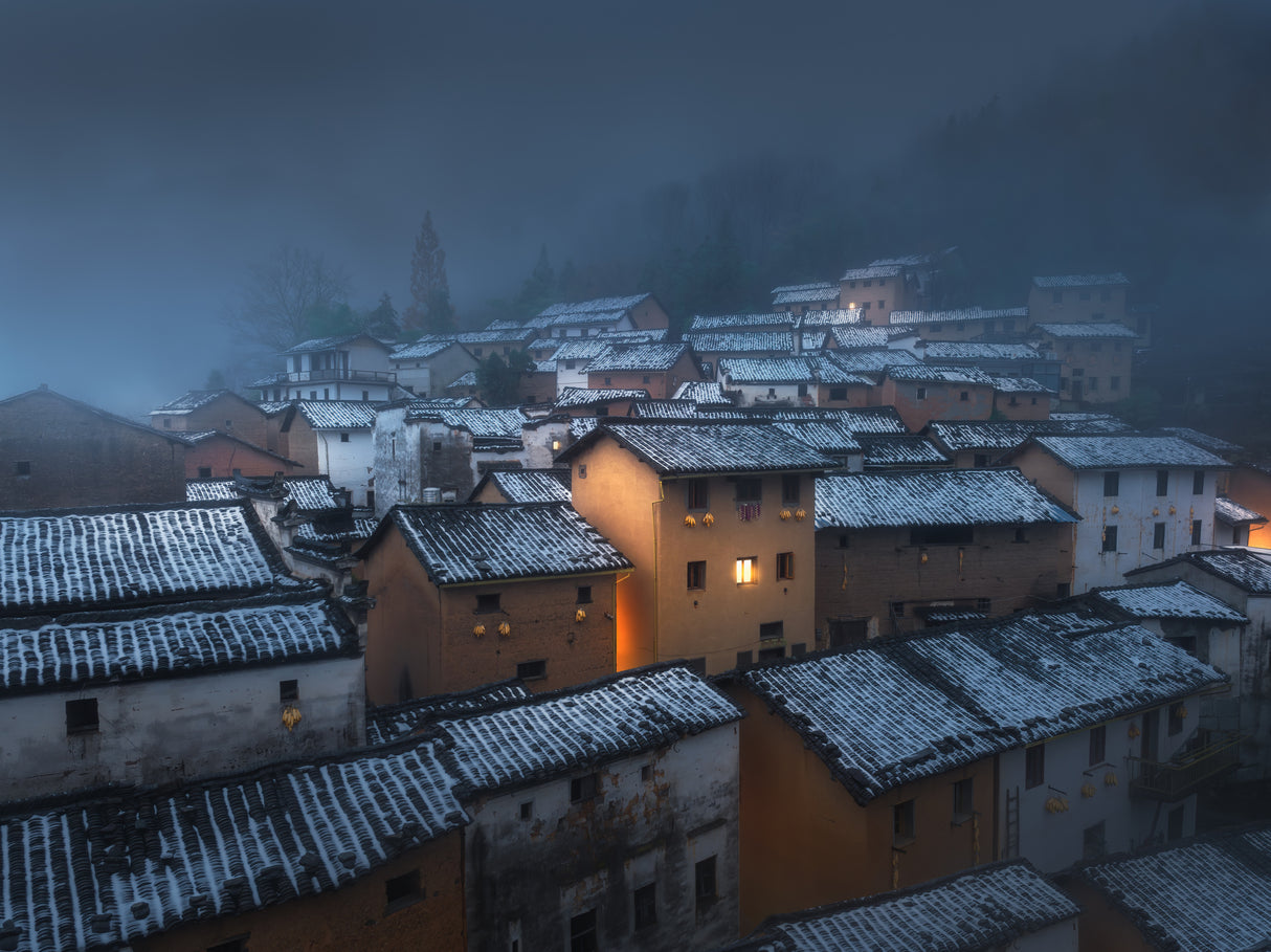 Snow at night and ancient villages Poster och Canvastavla
