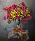 Still life with violin and flowers Poster och Canvastavla