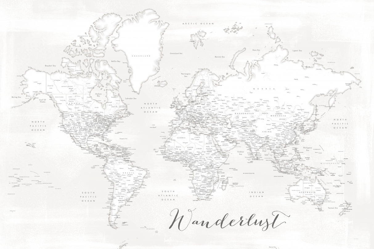 Wanderlust, detailed world map with cities, Maeli white Poster och Canvastavla