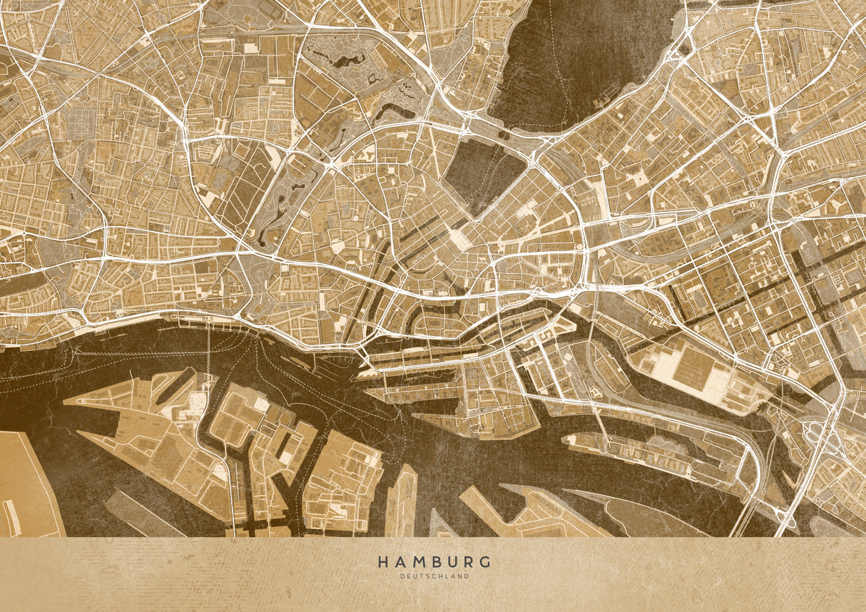 Sepia vintage map of Hamburg downtown Germany Poster och Canvastavla