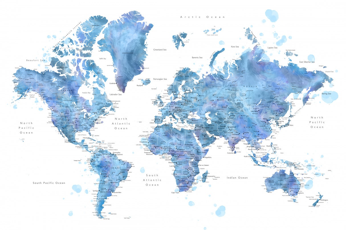 Blue watercolor world map with cities, Simeon Poster och Canvastavla