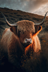 Highland Cow With Big Horns Poster och Canvastavla