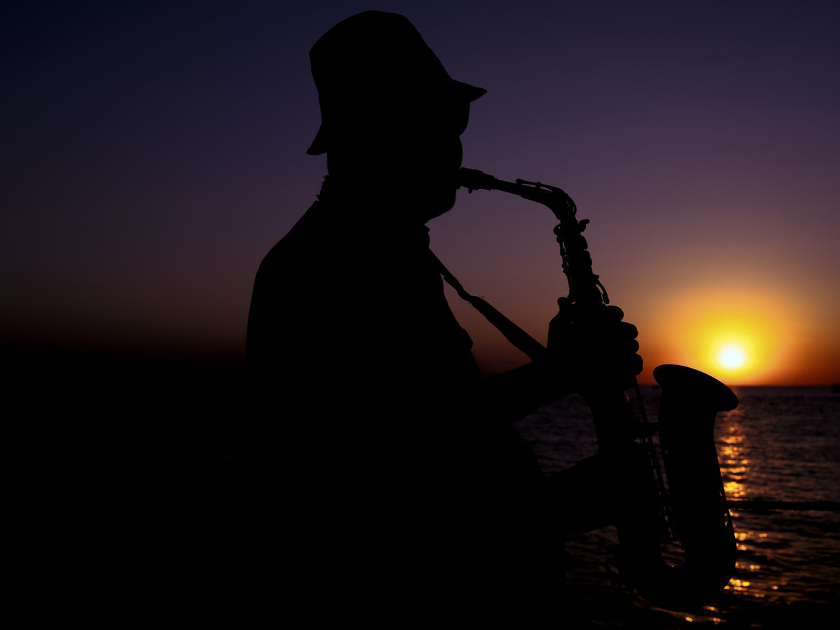 a musician playing the saxophone at sunset Poster och Canvastavla
