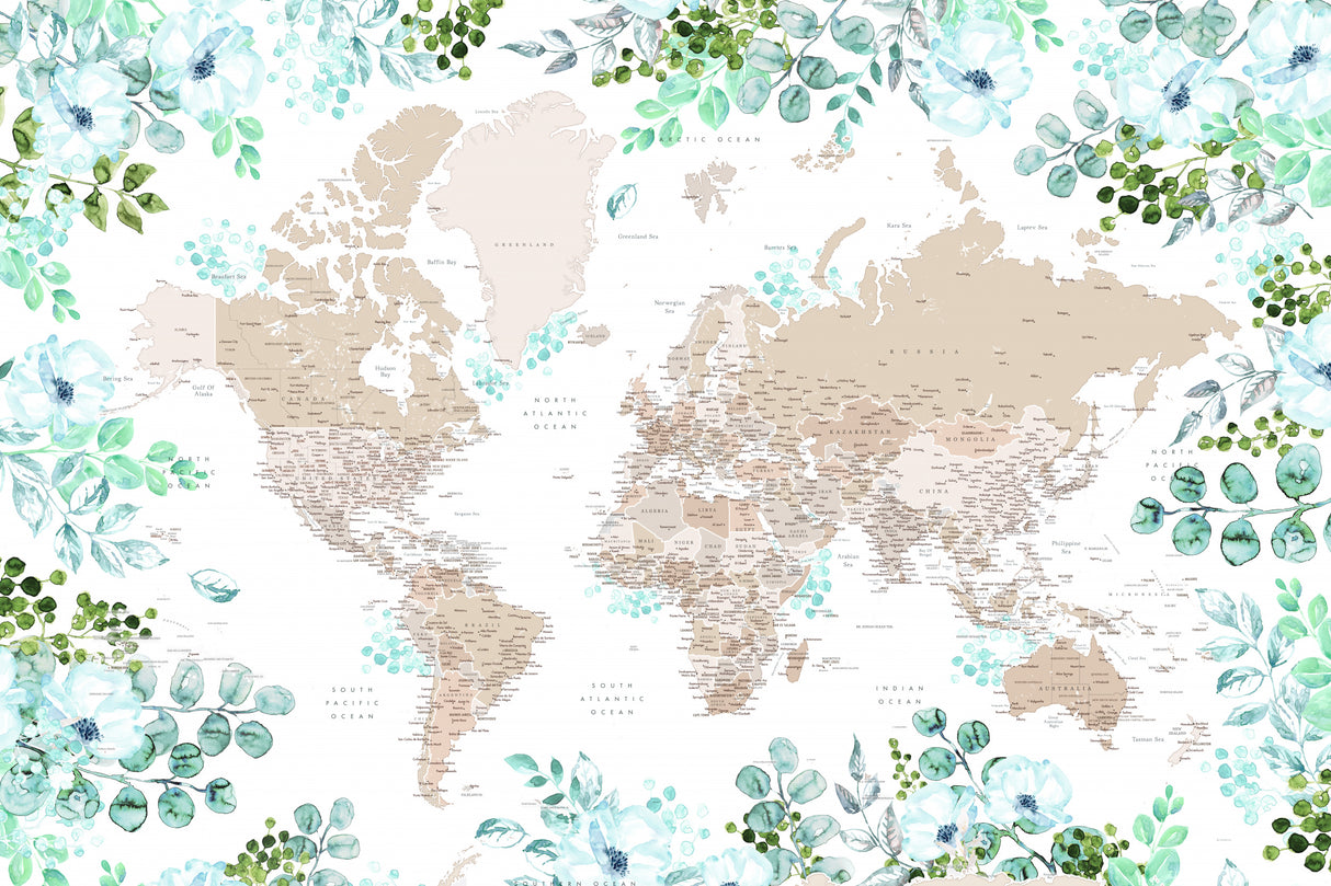 Detailed floral world map with cities, Leanne Poster och Canvastavla