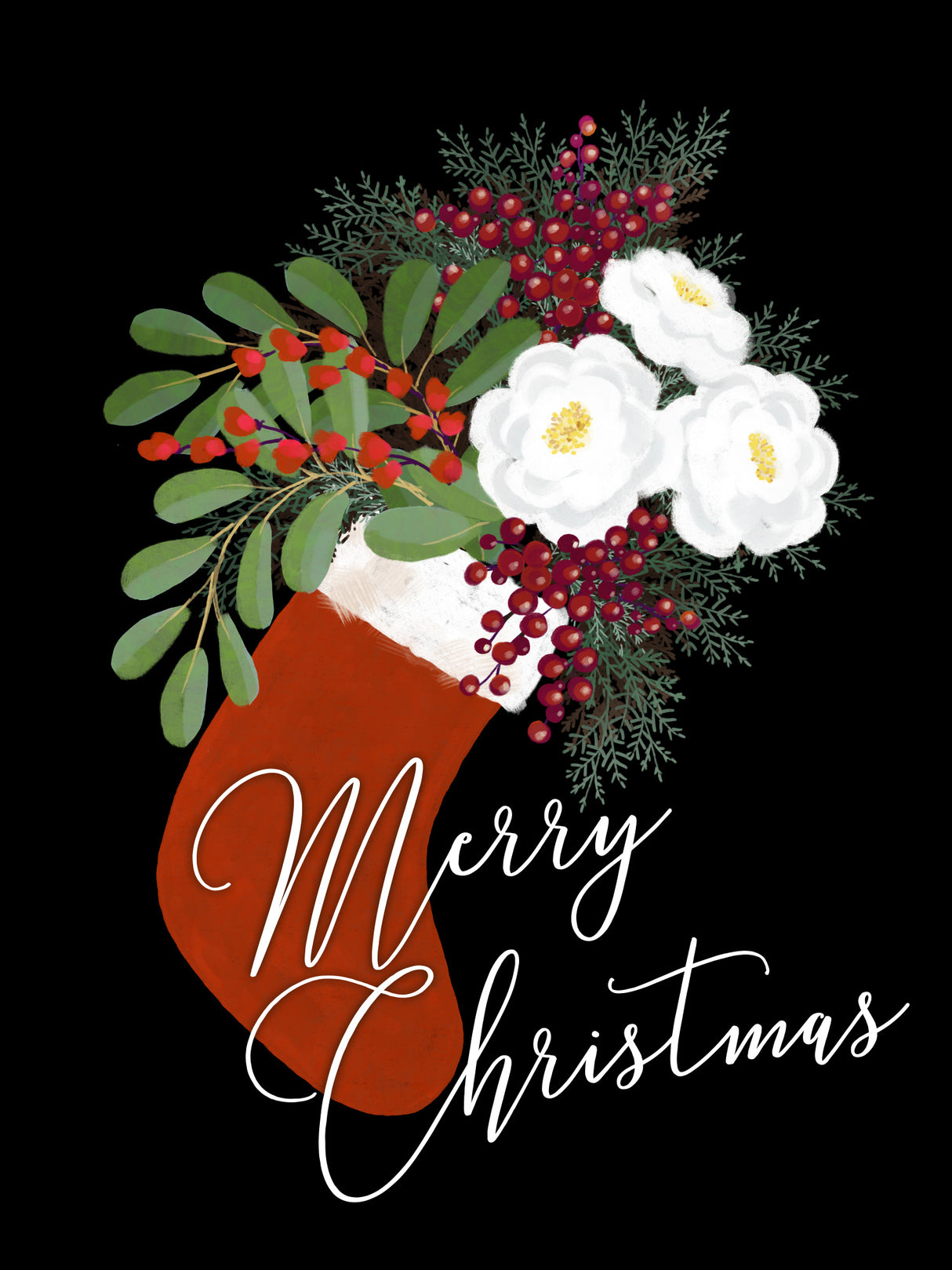Floral Stocking Merry Christmas in black Poster och Canvastavla