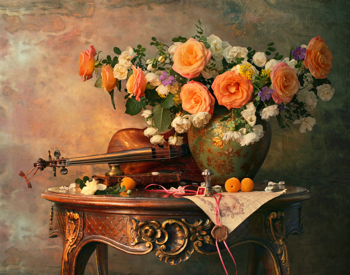 Still life with violin and roses Poster och Canvastavla