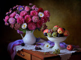 Still life with a bouquet of asters and fruits Poster och Canvastavla