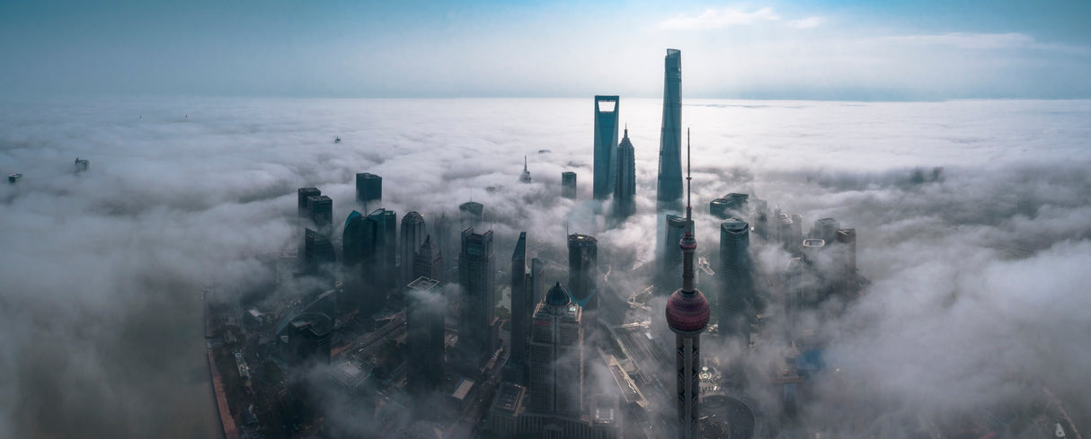 Shanghai in the fog from above Poster och Canvastavla