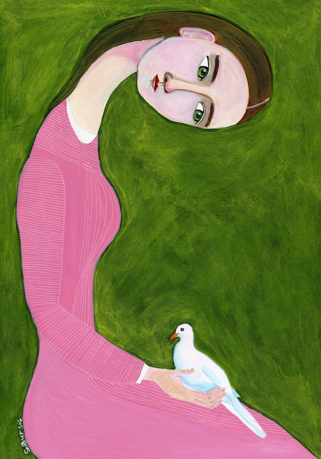 Girl with Dove sitting with pink dress Poster och Canvastavla