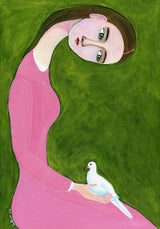Girl with Dove sitting with pink dress Poster och Canvastavla