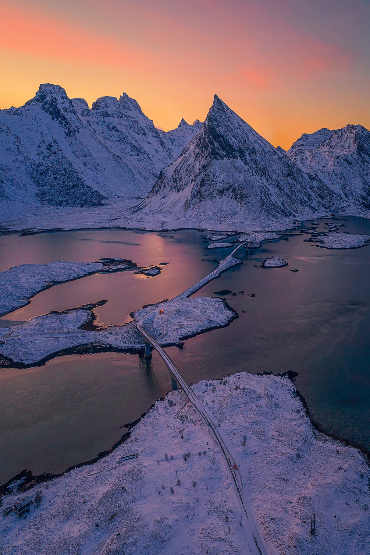 Fredvang Bridge and Volanstind Peak in Winter Poster och Canvastavla