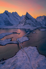Fredvang Bridge and Volanstind Peak in Winter Poster och Canvastavla
